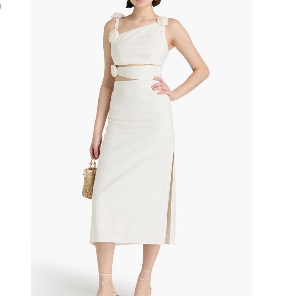 Maje Floral Appliqued Linen Blend Midi Dress Size 42 US 10 12 Cutout In Blanc